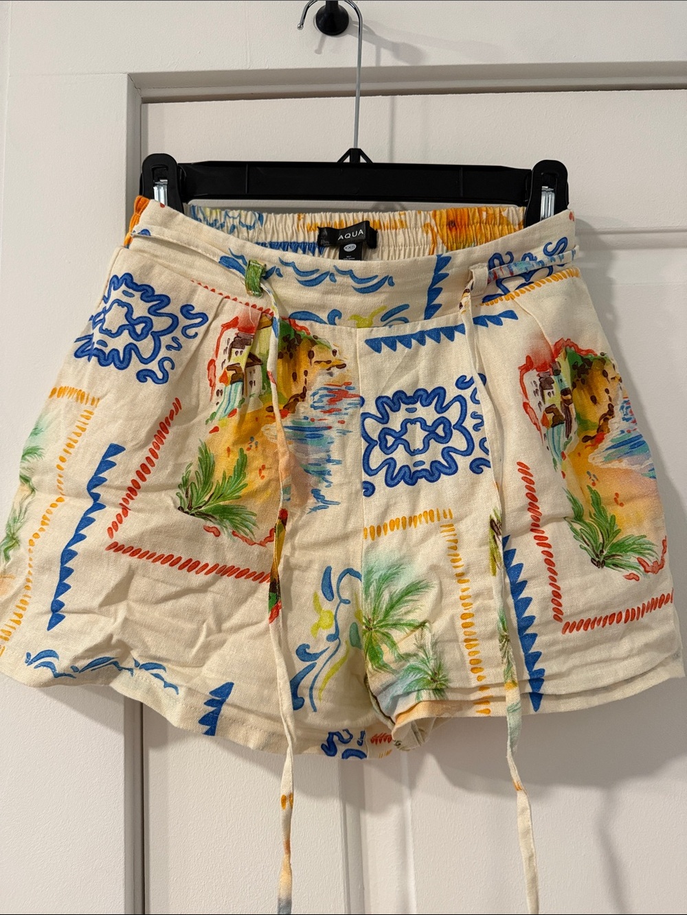 Aqua Cream Tropical Print High-Waist Shorts